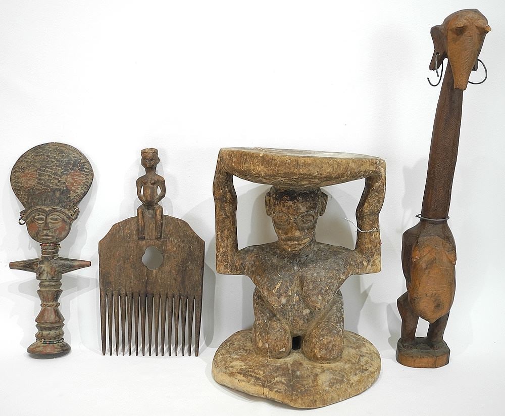 Four African Carvings: Stool/Comb/ Fertility/Long Necked, 13 - 20 1/4"h (1 of 2)