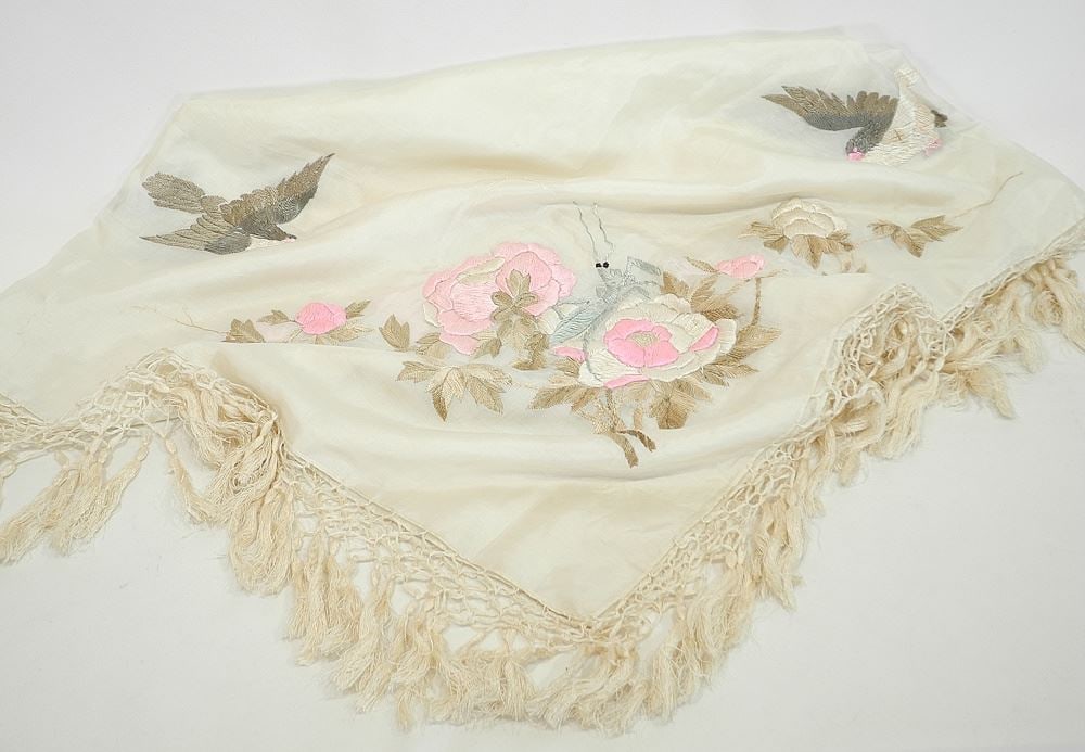 Chinese Embroidered Silk Shawl, Approximately 48" x 50" (with fringe ).: Chinese Embroidered Silk Shawl, Approximately 48" x 50" (with fringe ).
