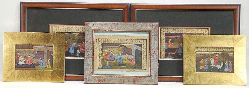 Five Persian Manuscript Paintings Approximately 8 1/2 x 5 1/4".: Five Persian Manuscript Paintings Approximately 8 1/2 x 5 1/4".