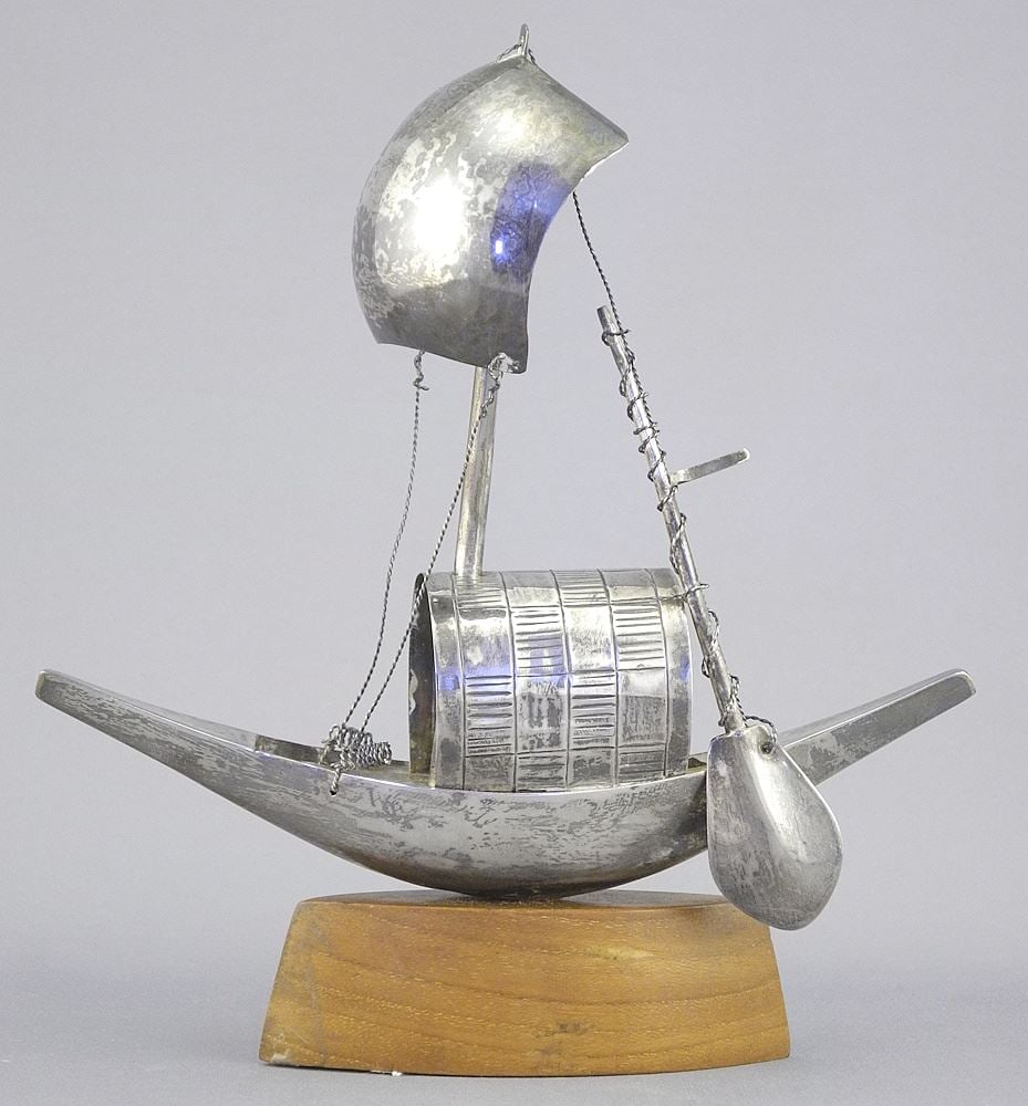 Bagladesh Silver (tested .800) Boat Ornament, 7"h.: Bagladesh Silver (tested .800) Boat Ornament, 7"h.