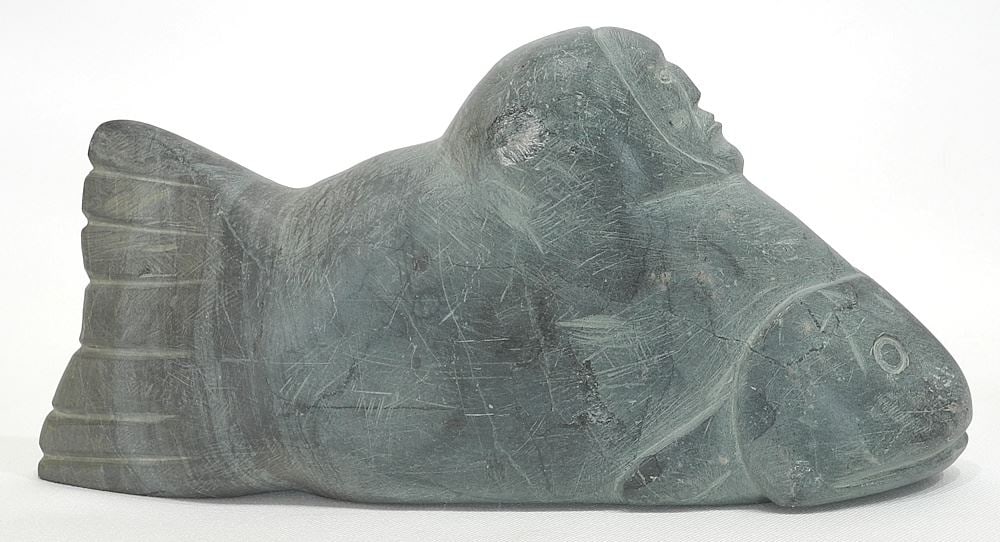 Unsigned Inuit Stone Sculpture, 10 1/8"L, "Fish Transforming to Man" (1 of 3)