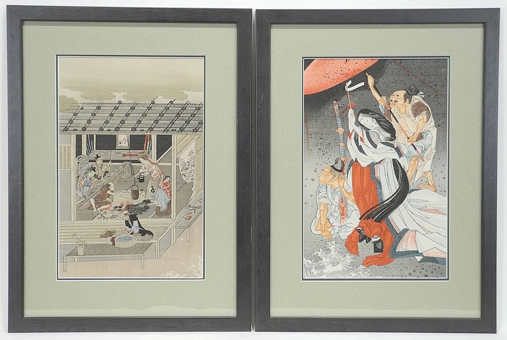 2 Japanese Woodblock Prints: Sword Maker - Tosa & Prayers For Hokusai, 11 3/4" x 7 7/8". (1 of 6)