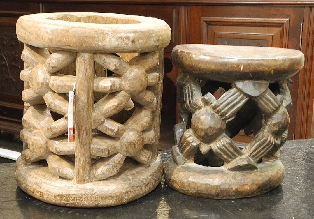 Two Bamileke Carved Wood "Earth Spider" Motif Stools, 10 1/2 & 9"h. (1 of 1)