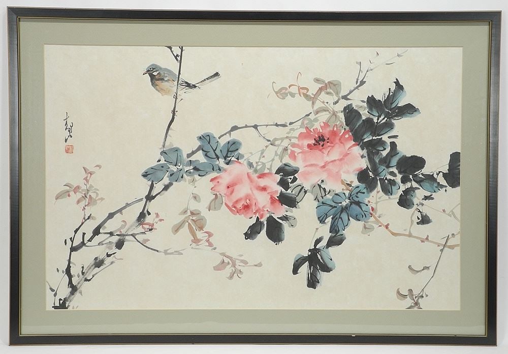 Chinese Ink & Colour on Silk, 19 x 29 3/4, "Bird on Blossom" Branch.: Chinese Ink & Colour on Silk, 19 x 29 3/4, "Bird on Blossom" Branch.
