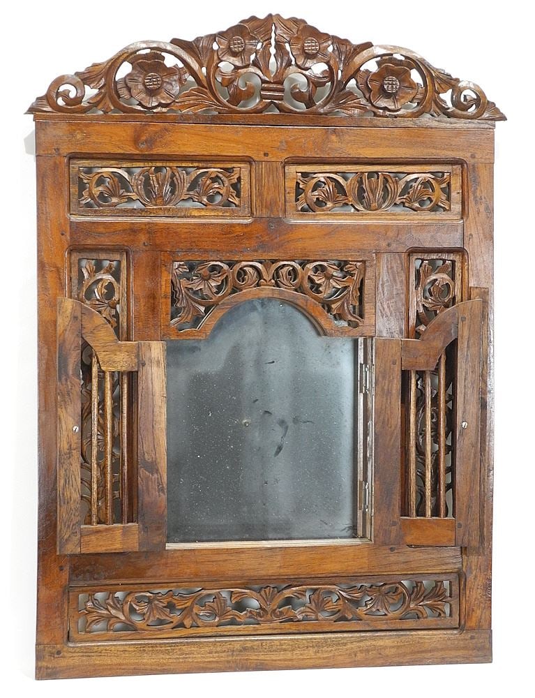 Malaysian Carved Wood Shuttered Mirror, 33"h.: Malaysian Carved Wood Shuttered Mirror, 33"h.