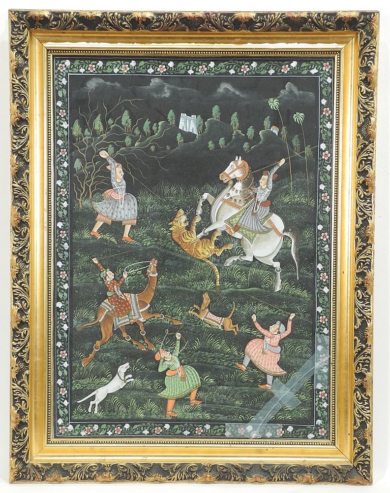 Persian Hunt Painting, 21 x 15 1/4" (glazing noted).: Persian Hunt Painting, 21 x 15 1/4" (glazing noted).