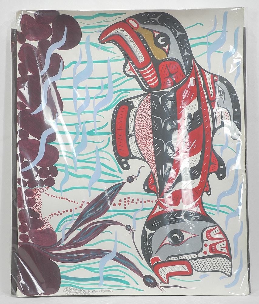 Two Acrylic on Paper signed Earl Lace 2006, 22 x 28", "Black Fish" & "Spawning Salmon". (1 of 4)