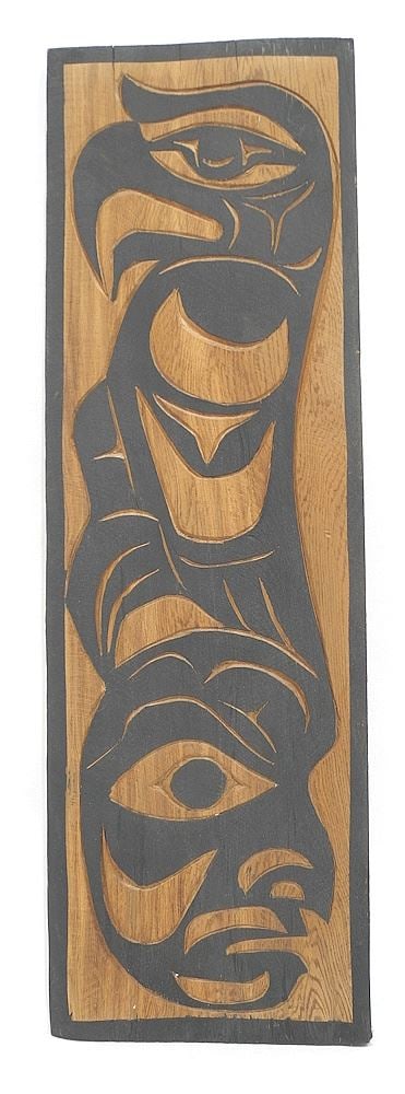 Salish Plaque signed Steve Charlie, 24 x 7 5/8", "Eagle & Man". (1 of 2)