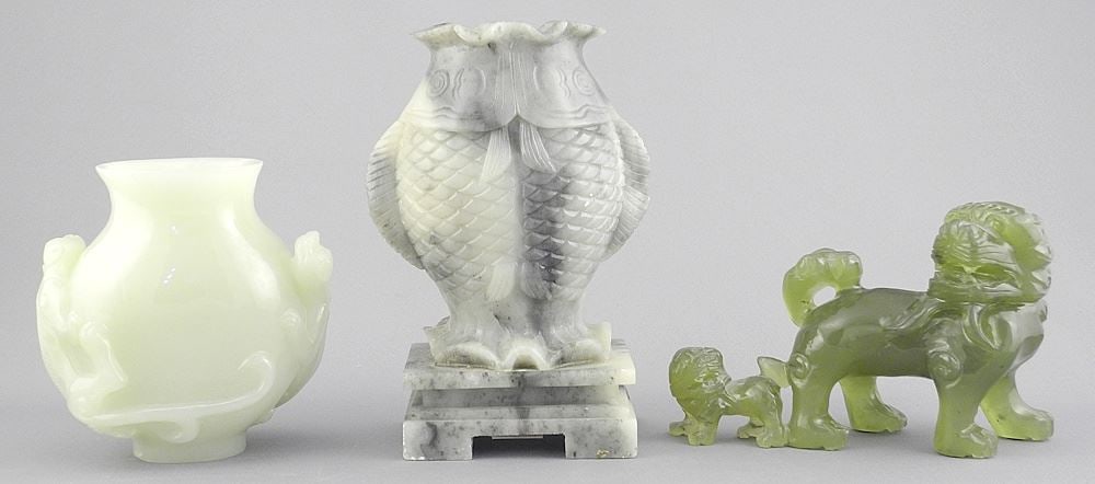 Three Chinese Stone Carvings: Softstone Double Fish (6"h) / Chilong Vase / Lion Dog. (1 of 2)