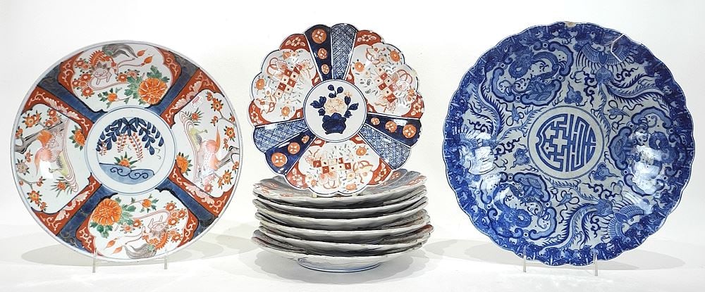 Nine Japanese Porcelain Dishes: Eight Imari, One Blue & White, 9 3/4 - 13 1/8" Diam. (cond. no: Nine Japanese Porcelain Dishes: Eight Imari, One Blue & White, 9 3/4 - 13 1/8" Diam. (cond. no