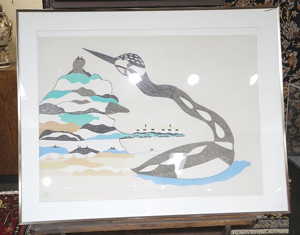Lithograph signed Pudlo (Pudlat), 22 1/4" x 30", "Large Loon and Landscape" #1/50. (1 of 2)