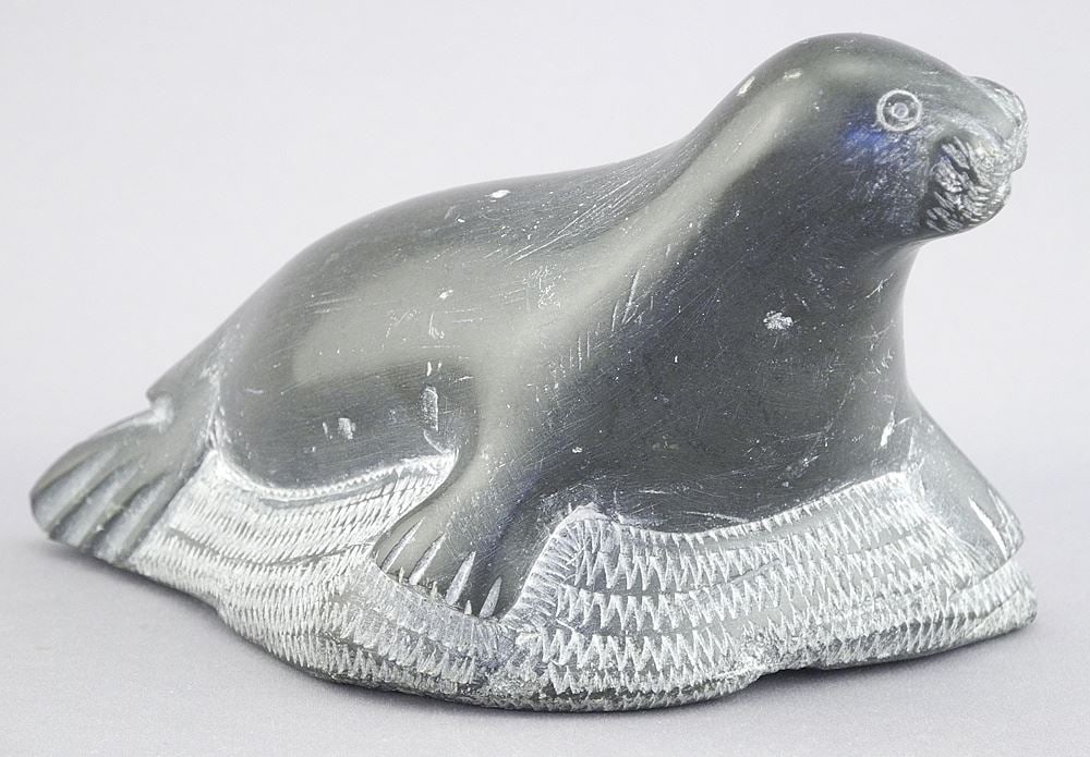 Inuit Stone Seal Carving signed with Syllabics, 1979, 5 1/2"L. (1 of 3)