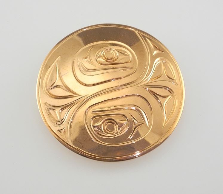 Kwagiulth Copper Pendant Monogrammed PS (Pat Seaweed), 2" Diameter, "Yin Yang Salmon".: Kwagiulth Copper Pendant Monogrammed PS (Pat Seaweed), 2" Diameter, "Yin Yang Salmon".