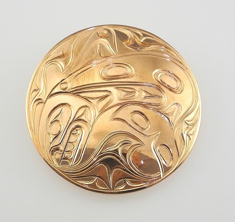 Kwagiulth Copper Pendant Monogrammed PS (Pat Seaweed), 2" Diameter, "Orca Design".: Kwagiulth Copper Pendant Monogrammed PS (Pat Seaweed), 2" Diameter, "Orca Design".