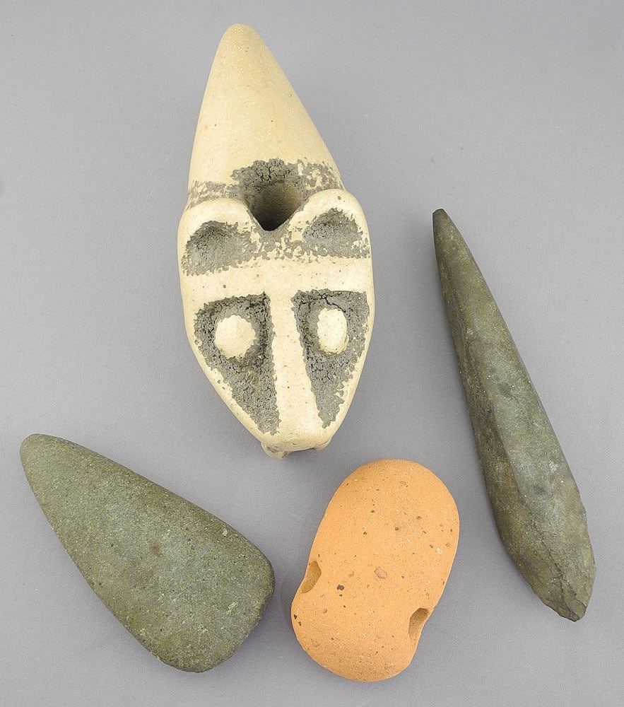 Two Latin American Pre-Columbian Stone Celts/Terracotta Pendant/ Ceramic Object, 3 1/4-7". (1 of 3)