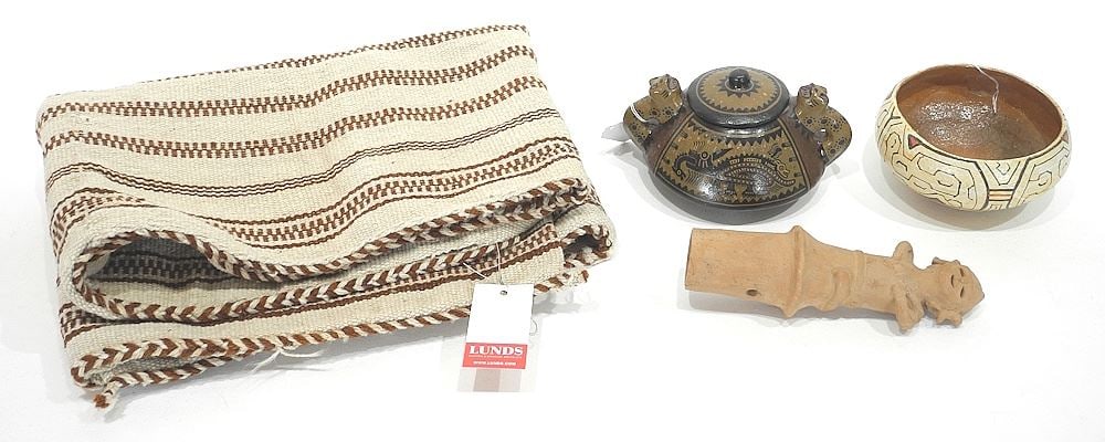 Three South American Pottery Items: Shipibo/Covered & Figural Textile. (1 of 4)