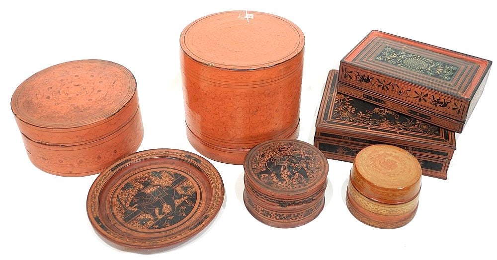 Collection of Burmese Lacquer Wares, Seven Pieces, 4 1/4 - 9 1/4"w. (1 of 3)
