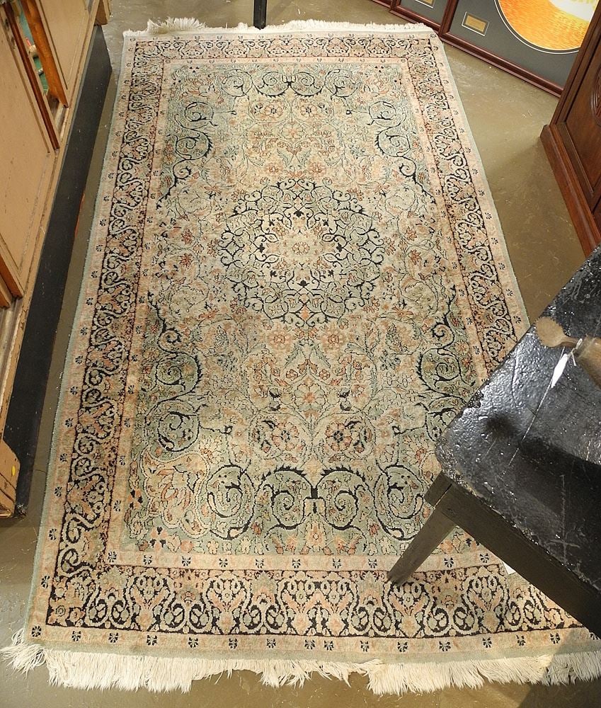 C. 1980 Kashmir 100% Silk Carpet Approximately 7'11" x 4'2". (1 of 2)