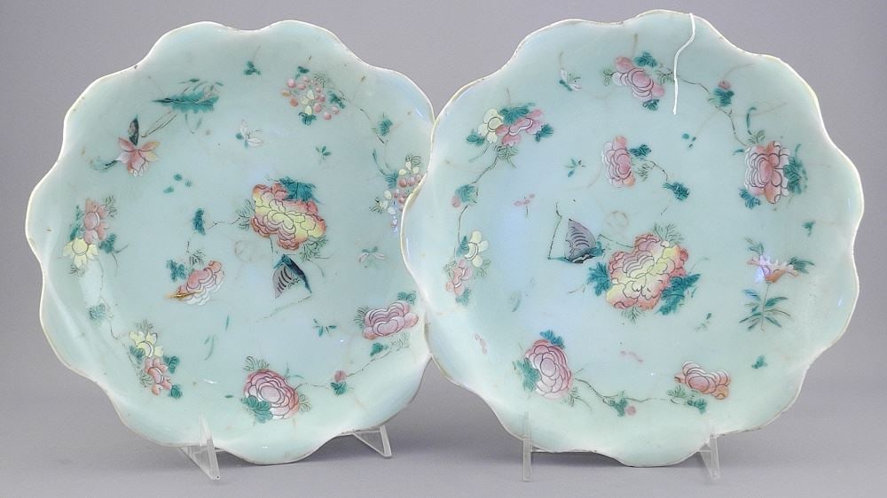 Pair of Chinese Enameled Celadon Porcelain Footed Dishes, 2 1/4 x 9 3/8" Diameter.: Pair of Chinese Enameled Celadon Porcelain Footed Dishes, 2 1/4 x 9 3/8" Diameter.