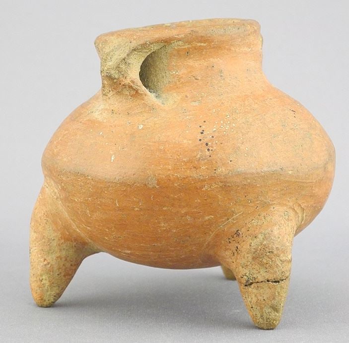 Pre-Columbian Tri-Pod Handled Pot, 2 1/8"h (one foot restored). (1 of 4)