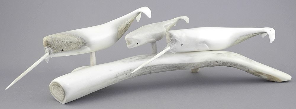 Inuit Antler Sculpture signed Johnny Angutikjuak, 11 7/8"w, "Narwhal Family". (1 of 5)