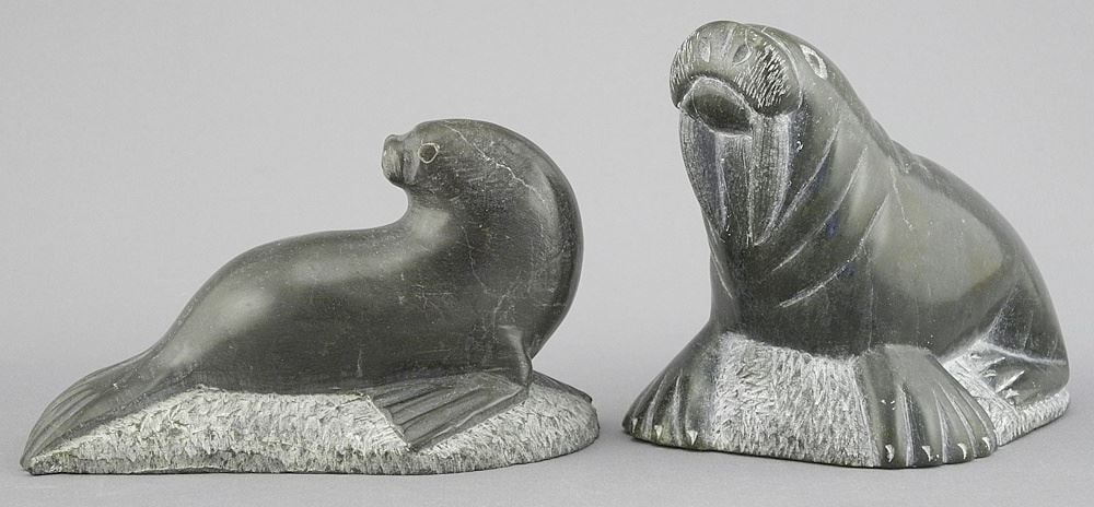 Two Inuit Stone Seal Sculptures signed with Syllabics, Dated 1980, 2 1/2" & 3"h. (1 of 3)