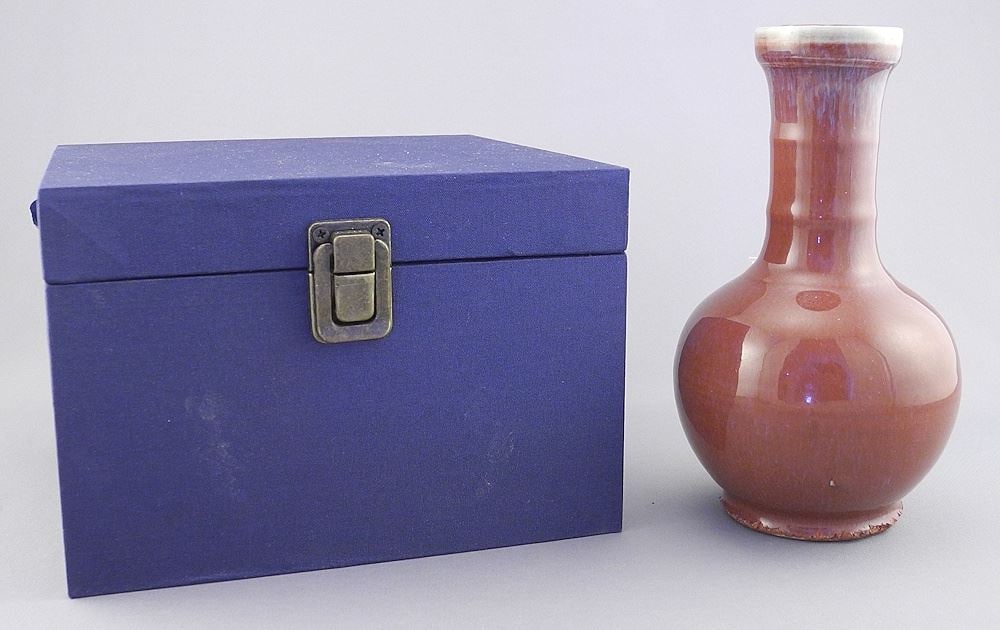 Chinese Jun Glazed Porcelain Bottle Vase, 6 5/8"h with Box. (1 of 3)