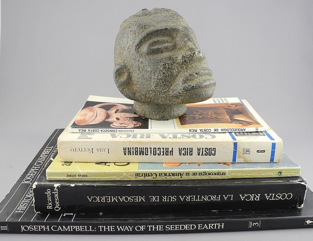 Pre-Columbian-Style Stone Head (5 1/4"h) & Reference Book Collection. (1 of 3)