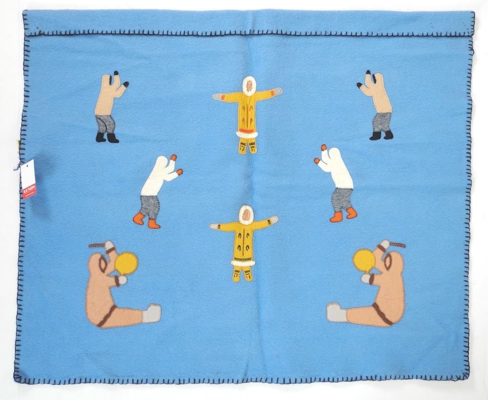 Inuit Felt Embroidery Panel by Lily Ann Ruben with Tag, 29 x 34 3/4".: Inuit Felt Embroidery Panel by Lily Ann Ruben with Tag, 29 x 34 3/4".