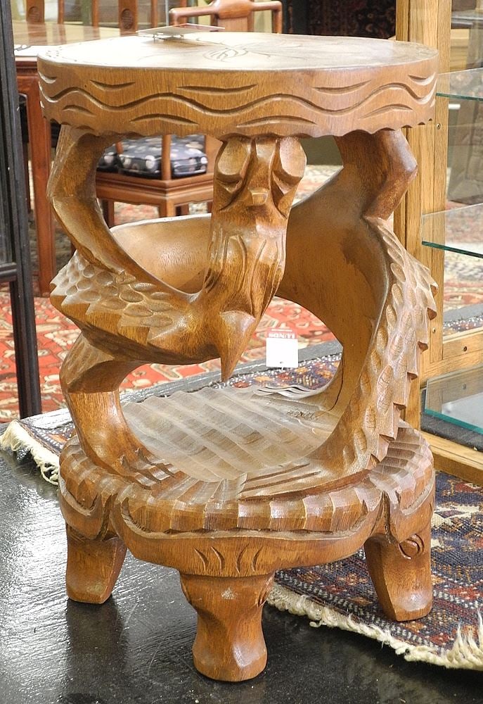 Indonesian Carved Hardwood Stool, 18"h (splitting noted). (1 of 4)