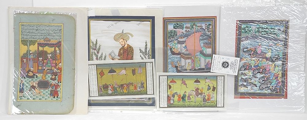 Collection of Persian & Indian Miniature Paintings, Largest 12 x 9" Unframed. (1 of 4)