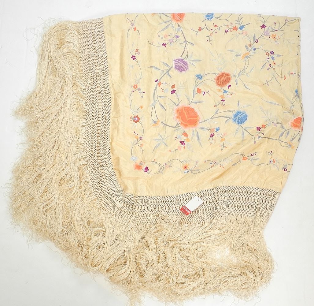 Chinese Silk Piano Shawl, Approx. 64 x 64".: Chinese Silk Piano Shawl, Approx. 64 x 64".
