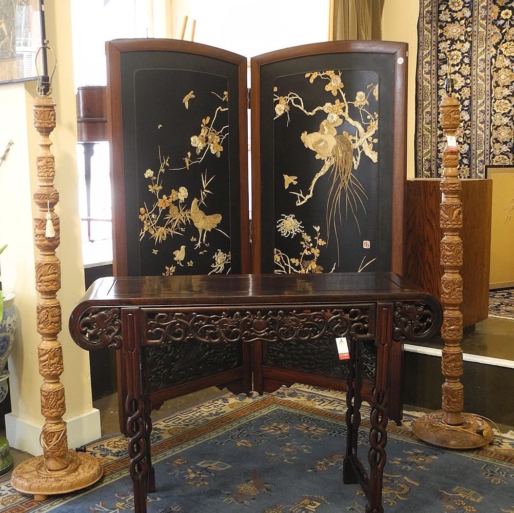 Pair of Indonesian Carved Hardwood Floor Lamps, 67"h.: Pair of Indonesian Carved Hardwood Floor Lamps, 67"h.
