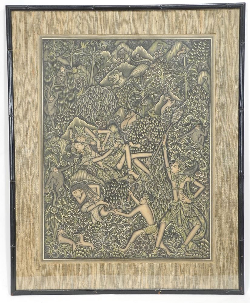 Balinese Wash Drawing Attributed to Ida Bagoes Koet Sasong, 24" x 18 3/4 ", "Figures & Animals".: Balinese Wash Drawing Attributed to Ida Bagoes Koet Sasong, 24" x 18 3/4 ", "Figures & Animals".