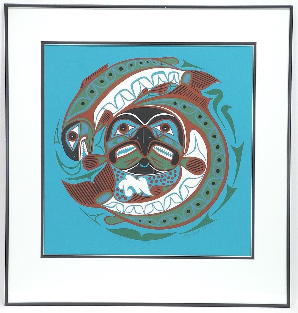 Serigraph signed Floyd Joseph'93 Tyee, 17 x 16 5/8", "Salmon People", A/P 3/18. (1 of 3)