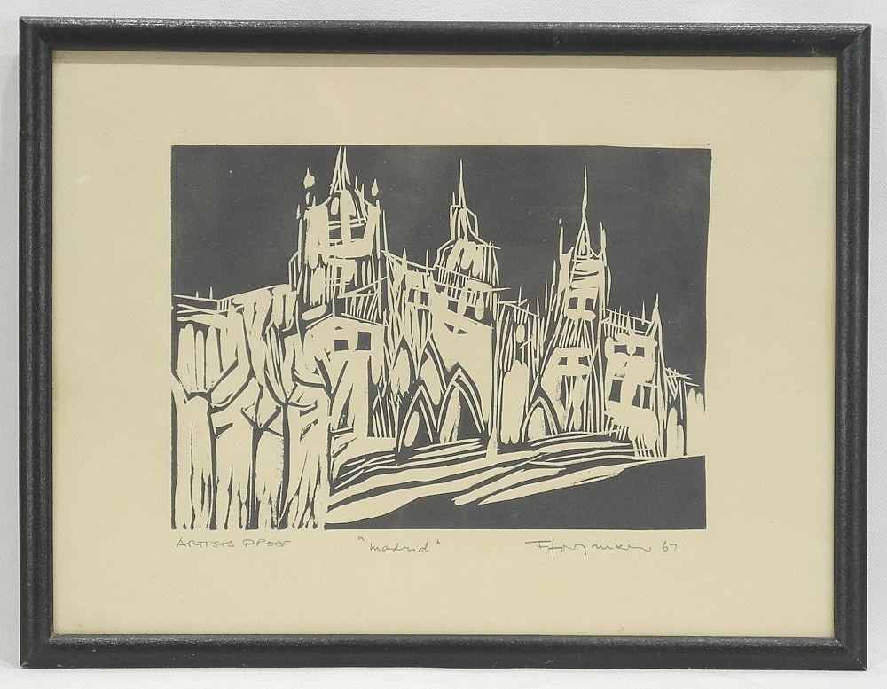 Block Print signed F. (Flemming) Jorgensen, Plate 5 7/8" x 8 1/8", "Madrid" A/P.: Block Print signed F. (Flemming) Jorgensen, Plate 5 7/8" x 8 1/8", "Madrid" A/P.