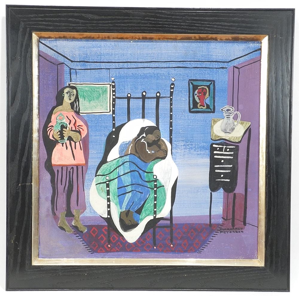 Tempera Gessoed Panel Board signed Margaret Petersen, 18 x 18", "Bowen Island" 1942 exh.label ver (1 of 5)