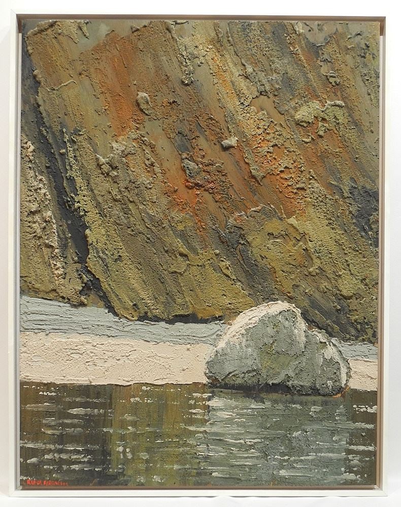 Mixed Media on Board signed (Joan) Riera Ferrari, 33 5/8 x 26", "Rock Formations".: Mixed Media on Board signed (Joan) Riera Ferrari, 33 5/8 x 26", "Rock Formations".