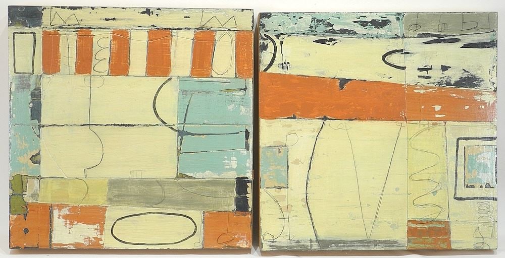 Pair of Mixed Media on Wood signed M. (Michael) Shemchuk'10, 17 7/8 x 17 7/8", "Stroll" 1 & 2.: Pair of Mixed Media on Wood signed M. (Michael) Shemchuk'10, 17 7/8 x 17 7/8", "Stroll" 1 & 2.