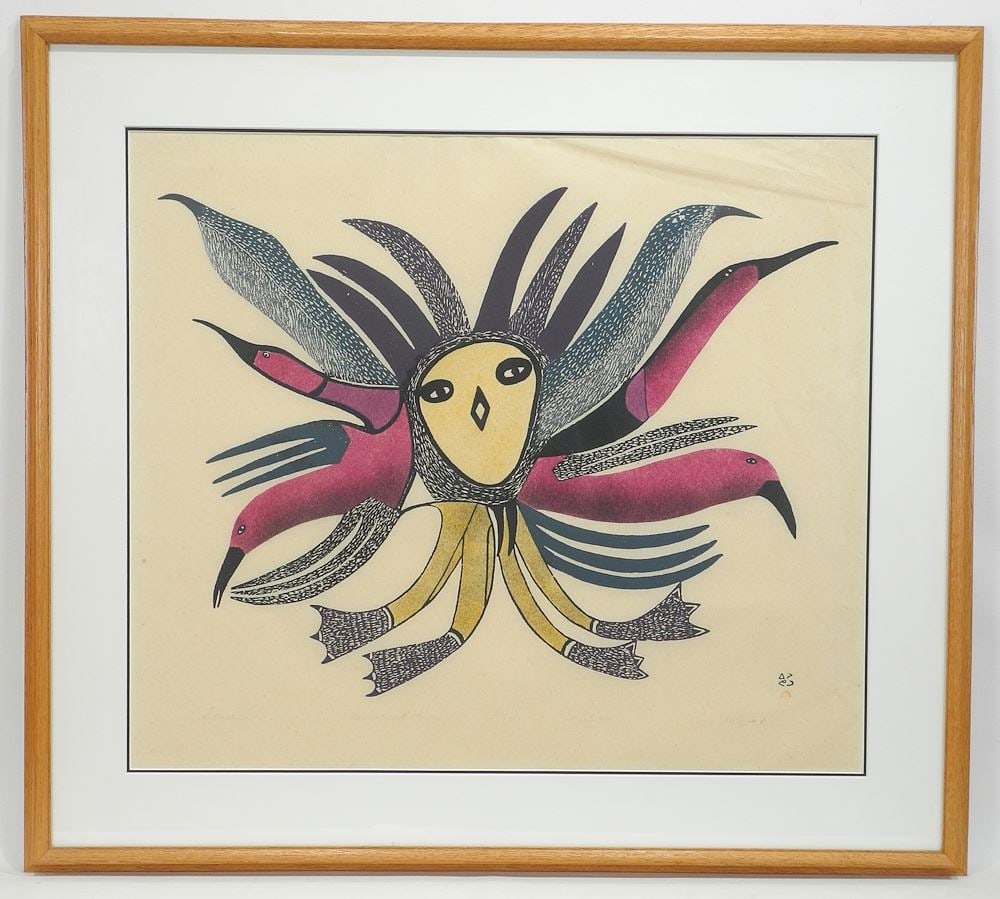 Dorset Stonecut signed Lucy (Qinnuayuak), 22 1/2 x 26", "Radiant Birds" #26/50, 1982.: Dorset Stonecut signed Lucy (Qinnuayuak), 22 1/2 x 26", "Radiant Birds" #26/50, 1982.