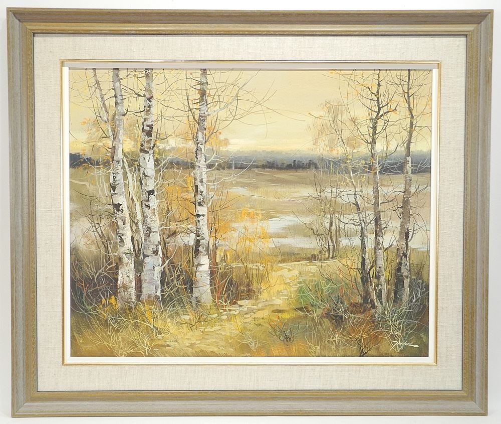 Oil on Canvas signed (Chan) Tinyan 24 x 30", "Birch Trees with City in Distance". (1 of 4)