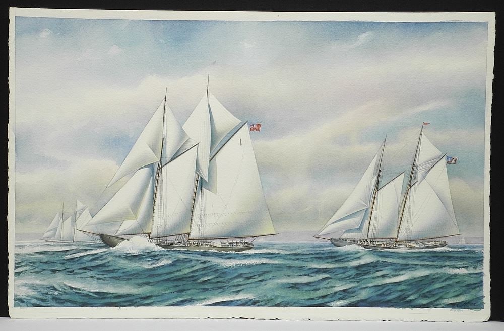 Watercolour signed K. (Keith) Miller , 19 1/2 x 30 1/4", "Bluenose vs. Columbia", Unframed. (1 of 6)