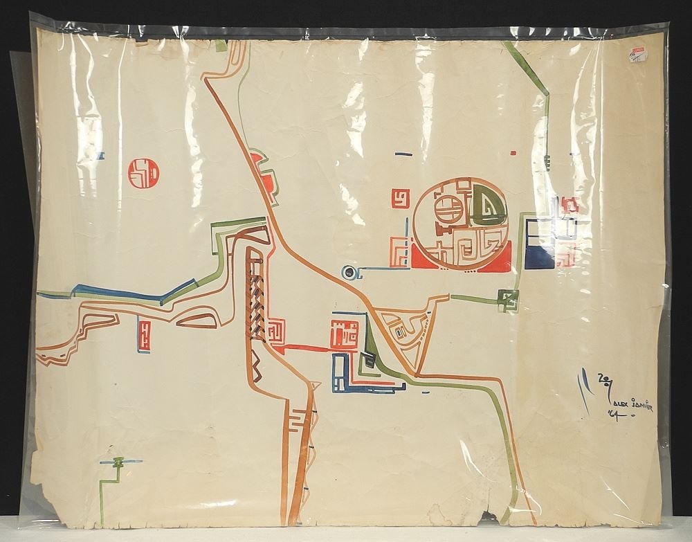 Watercolour on Paper signed Alex Janvier'64, 18 x 24", "Jay Walk" #64013 (condition noted).: Watercolour on Paper signed Alex Janvier'64, 18 x 24", "Jay Walk" #64013 (condition noted).