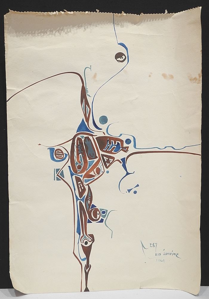 Watercolour on Paper signed Alex Janvier'64, 20 x 14", "Somber Moment " #64144.: Watercolour on Paper signed Alex Janvier'64, 20 x 14", "Somber Moment " #64144.