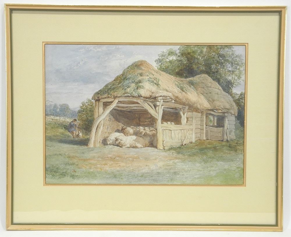 Watercolour Attributed to Frederick Goodall, 9 1/2" x 13 1/2", "Sheep in Open Barn" (1 of 5)