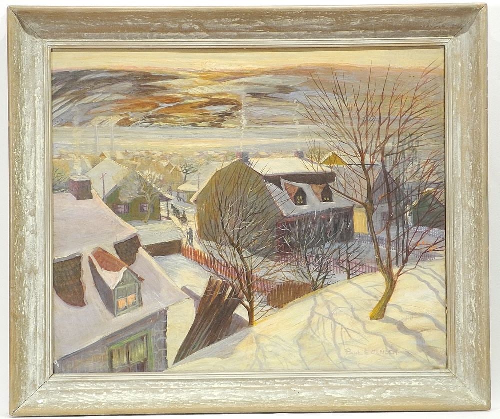 Oil on Canvas Board signed Paul E. (Eijlert) Jensen, 20 x 24", "Houses Over Looking River".: Oil on Canvas Board signed Paul E. (Eijlert) Jensen, 20 x 24", "Houses Over Looking River".
