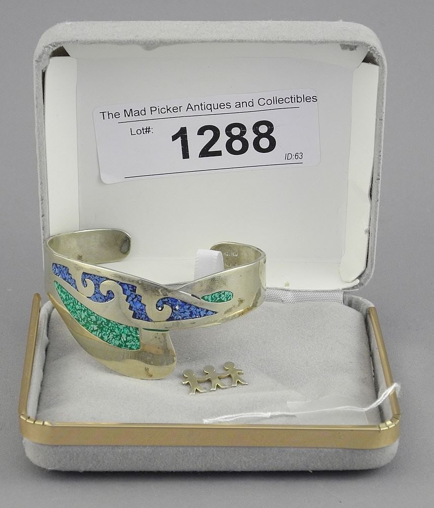 Silver Coloured Metal Mexican Bracelet (2 5/8"w) & Figural Pin, TW 30g. (1 of 2)