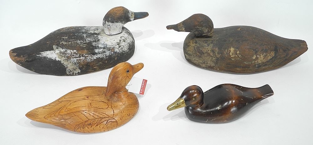 Four Carved Wood Duck Decoys, 10 1/4 - 14 1/4"L.: Four Carved Wood Duck Decoys, 10 1/4 - 14 1/4"L.