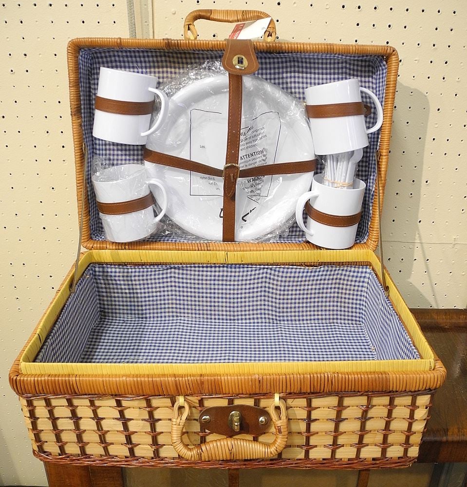 Wicker Picnic Basket with Plastic Contents, 18 1/2"w. (1 of 2)