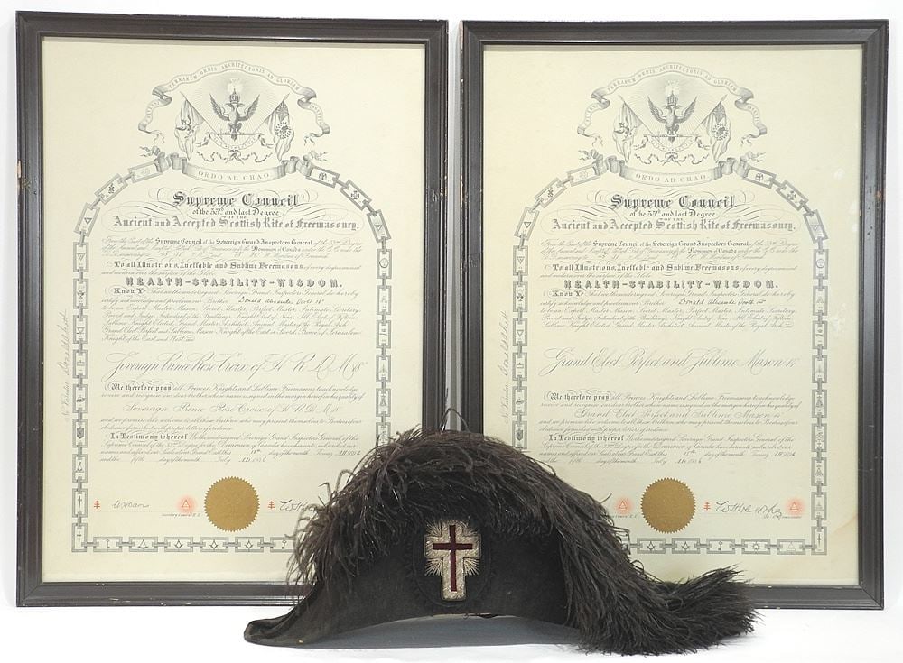 Ambrose Kent & Sons Bicorn Masonic Hat & Two Certificates, 33rd Degree. (1 of 3)